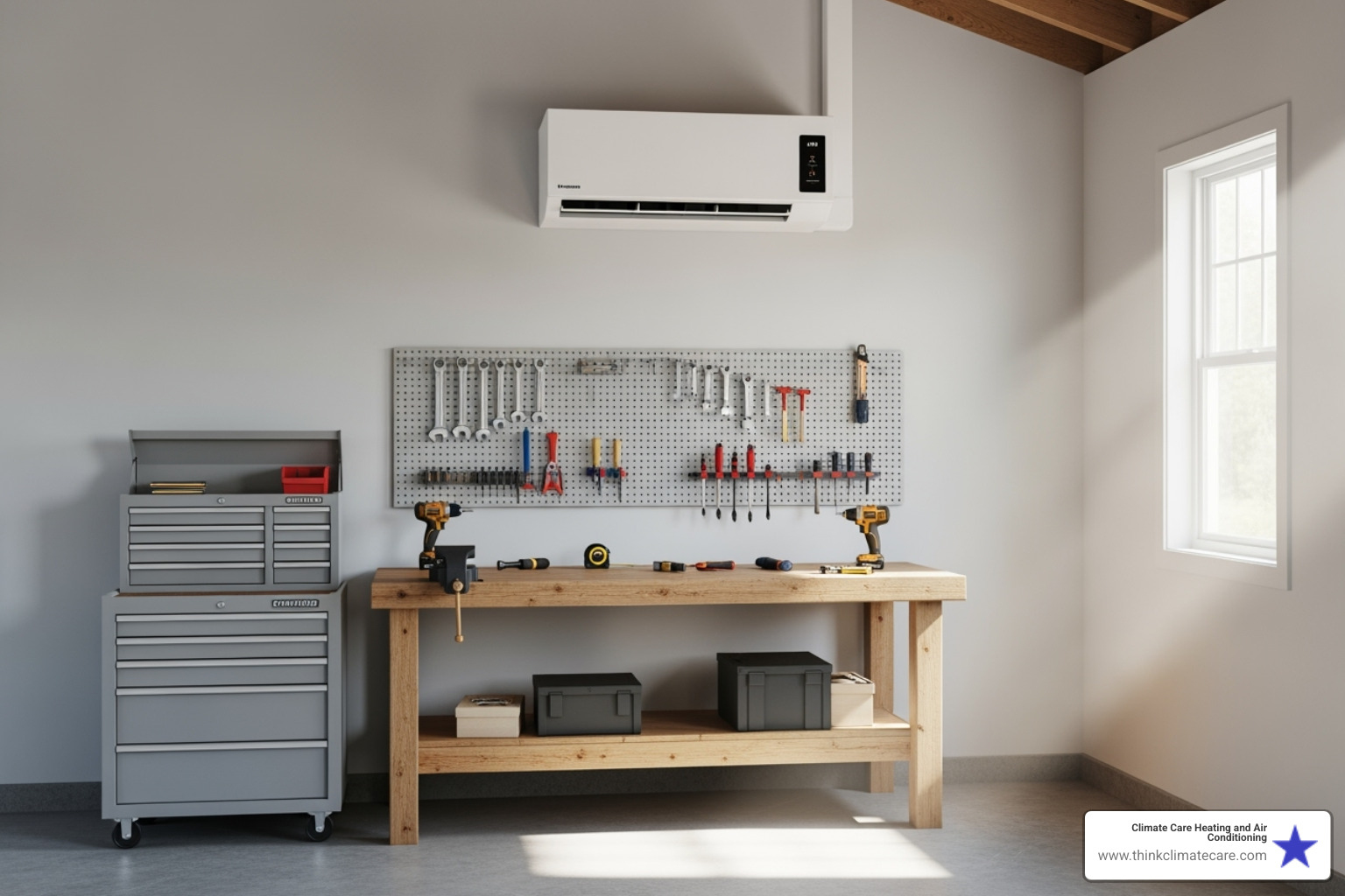 Image of a ductless unit in a garage workshop or home addition - ductless AC Sacramento