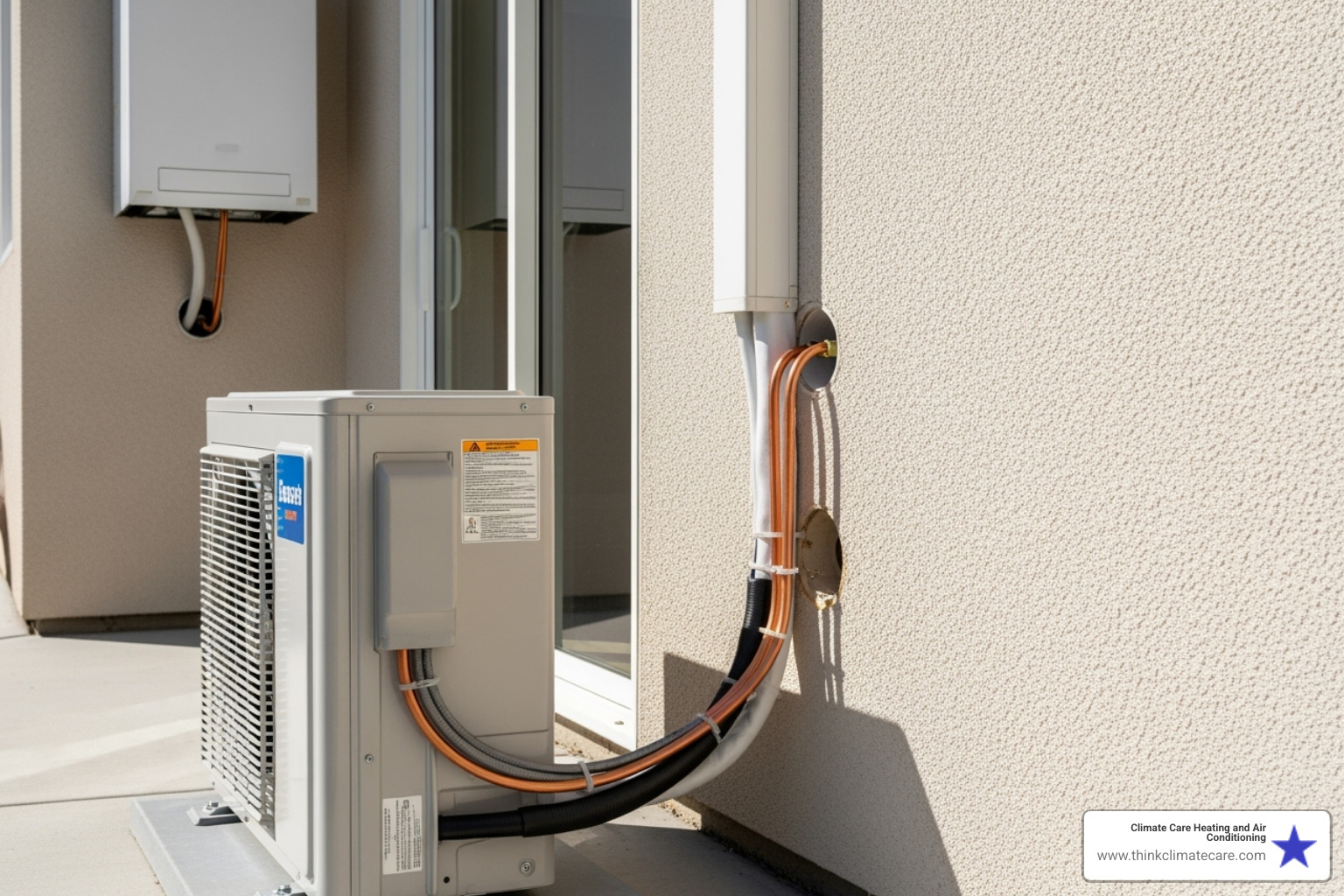 Image showing the connection between an outdoor condenser and an indoor air handler through a small hole in a wall - ductless AC Sacramento