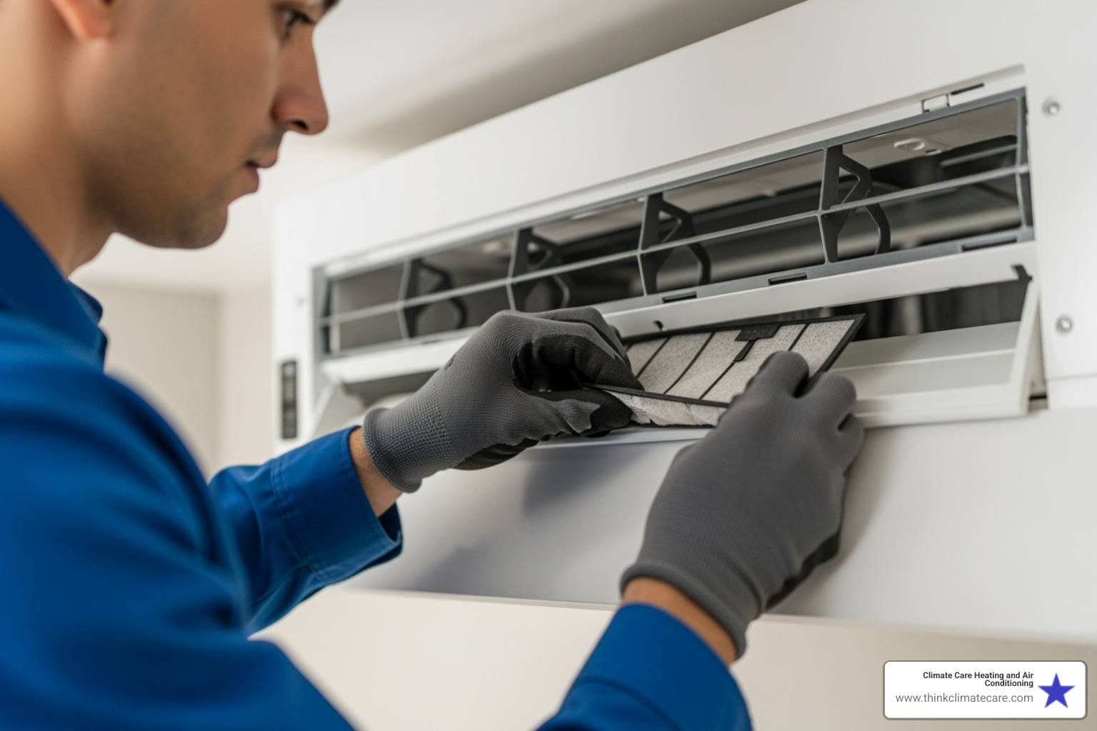 Image of a technician cleaning the filter of an indoor ductless unit - ductless AC Sacramento