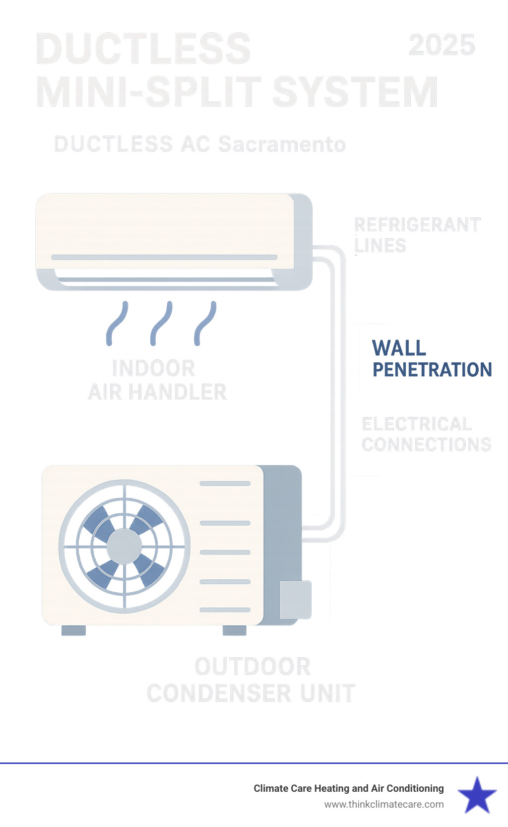 Infographic showing the basic components of a ductless mini-split system including outdoor condenser unit connected to indoor air handler through refrigerant lines and electrical connections via a small wall penetration - ductless AC Sacramento infographic 