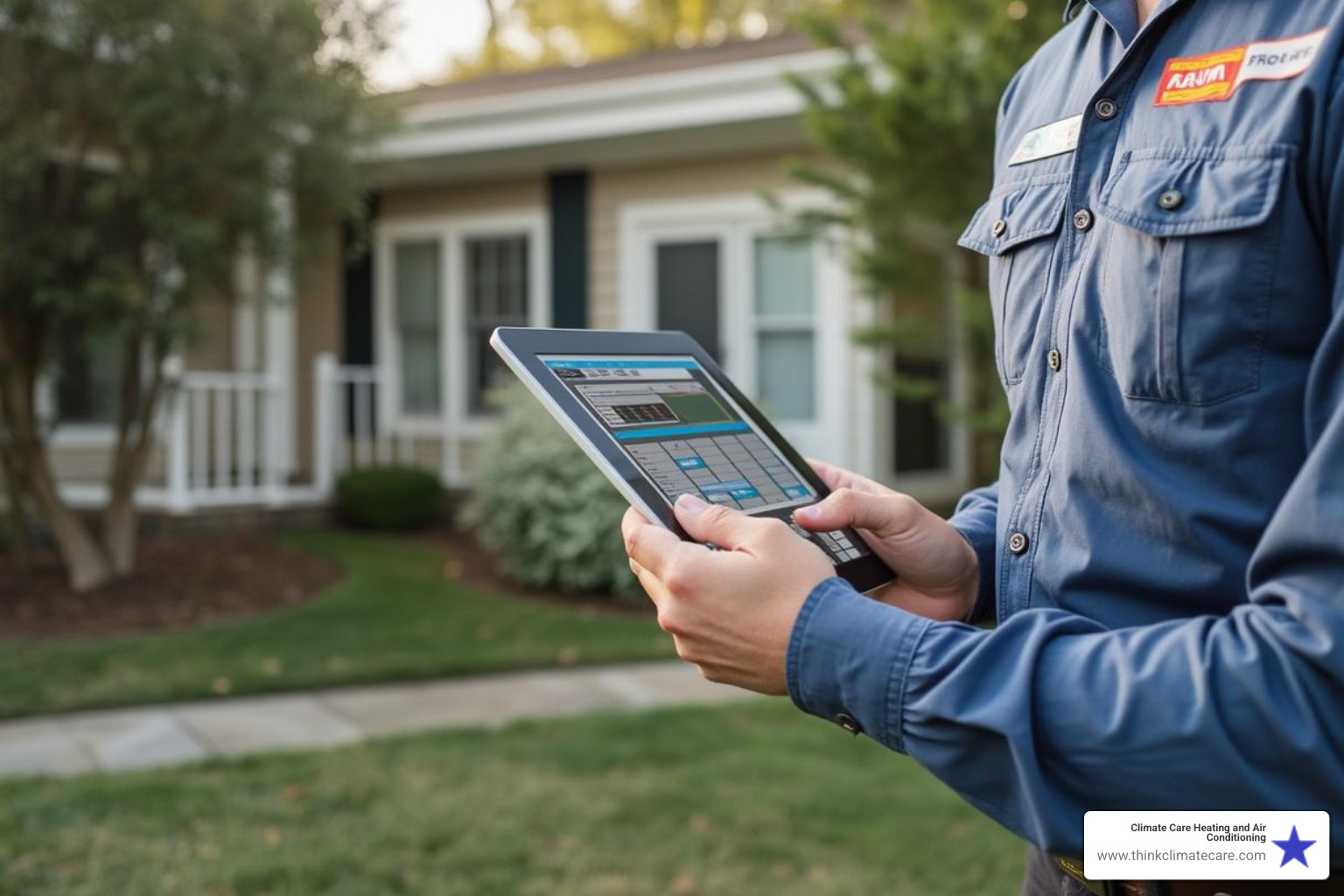 technician using a tablet with load calculation software in a home - HVAC system design technician using a tablet with load calculation software in a home - HVAC system design