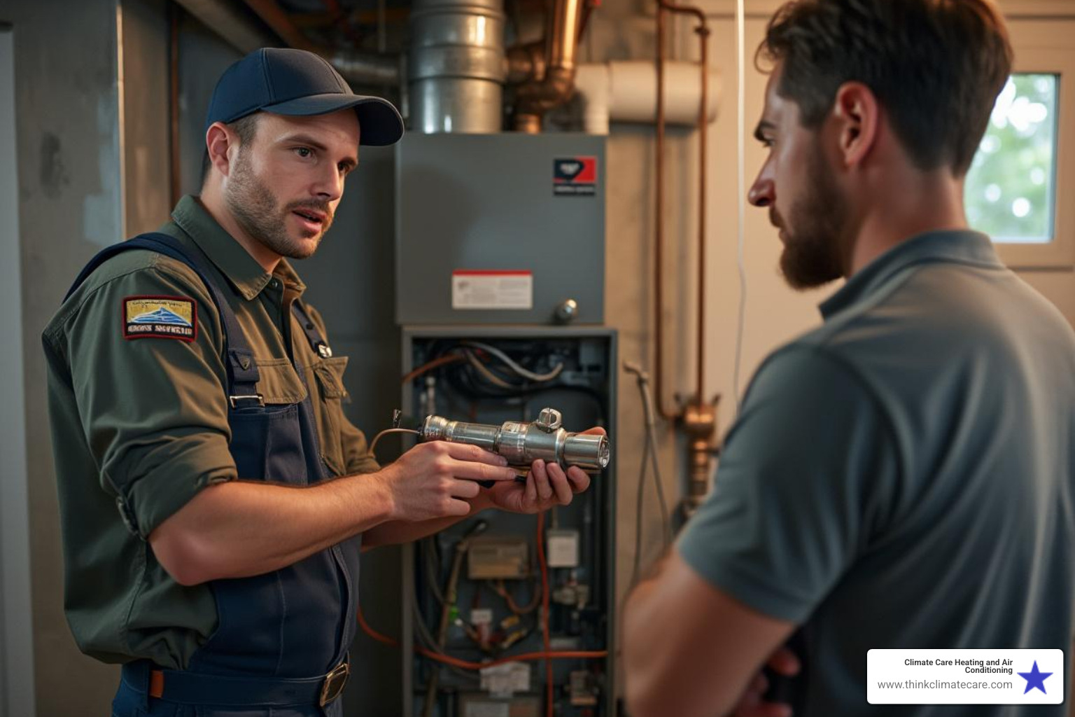 A technician showing a customer a new HVAC part and explaining its function - HVAC repair quotes A technician showing a customer a new HVAC part and explaining its function - HVAC repair quotes
