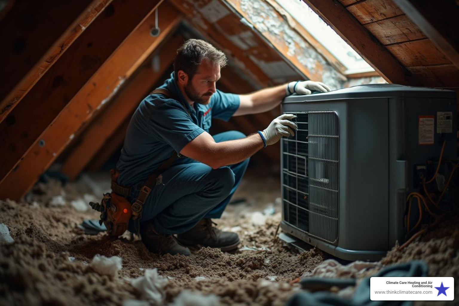 A technician working on a hard-to-reach attic unit, highlighting accessibility challenges - HVAC repair quotes A technician working on a hard-to-reach attic unit, highlighting accessibility challenges - HVAC repair quotes