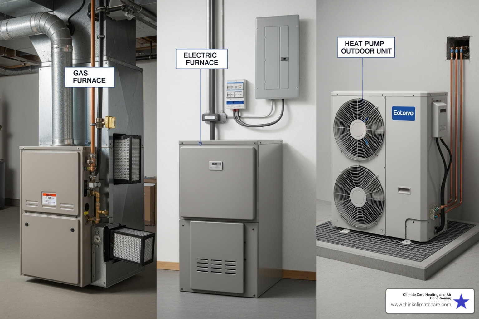 Image of different furnace types (a gas unit, an electric unit, and an outdoor heat pump) - New furnace Sacramento