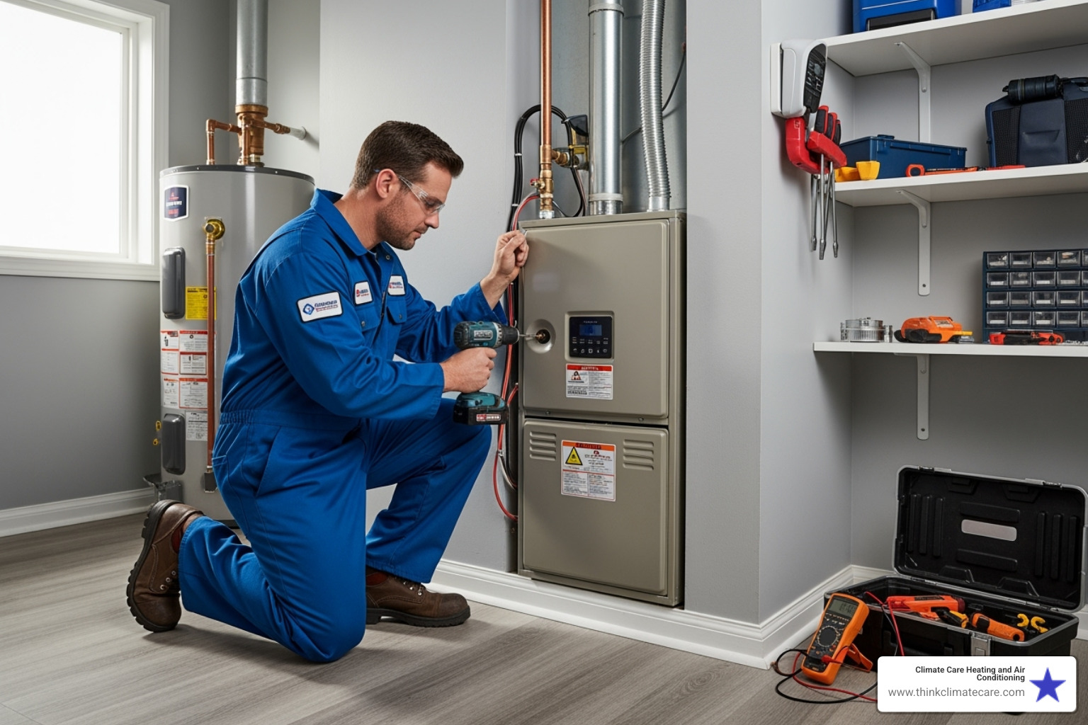 Image of a technician professionally installing a new furnace in a clean utility space - New furnace Sacramento