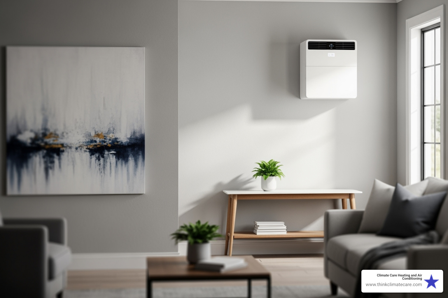 Ductless mini-split unit mounted on an interior wall - energy efficient HVAC