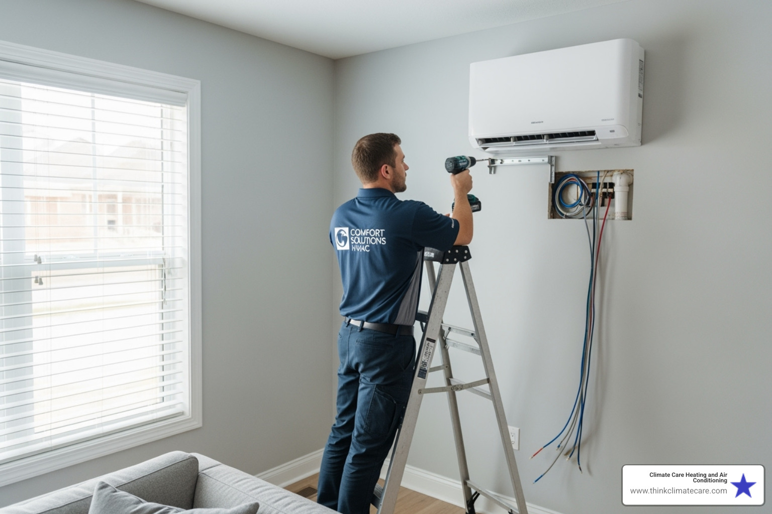 of a technician carefully mounting an indoor ductless unit on a wall - ductless ac installation modesto