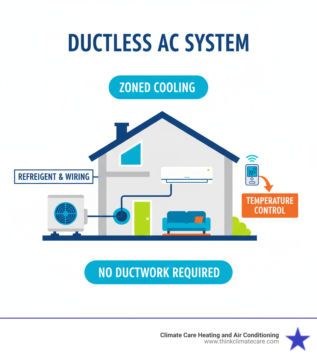 Infographic showing ductless AC system components: outdoor compressor unit mounted outside home, indoor wall-mounted air handler in living space, refrigerant lines and electrical wiring running through small conduit between units, remote control for temperature adjustment, and labels indicating zoned cooling capability and no ductwork required - ductless ac installation modesto infographic 
