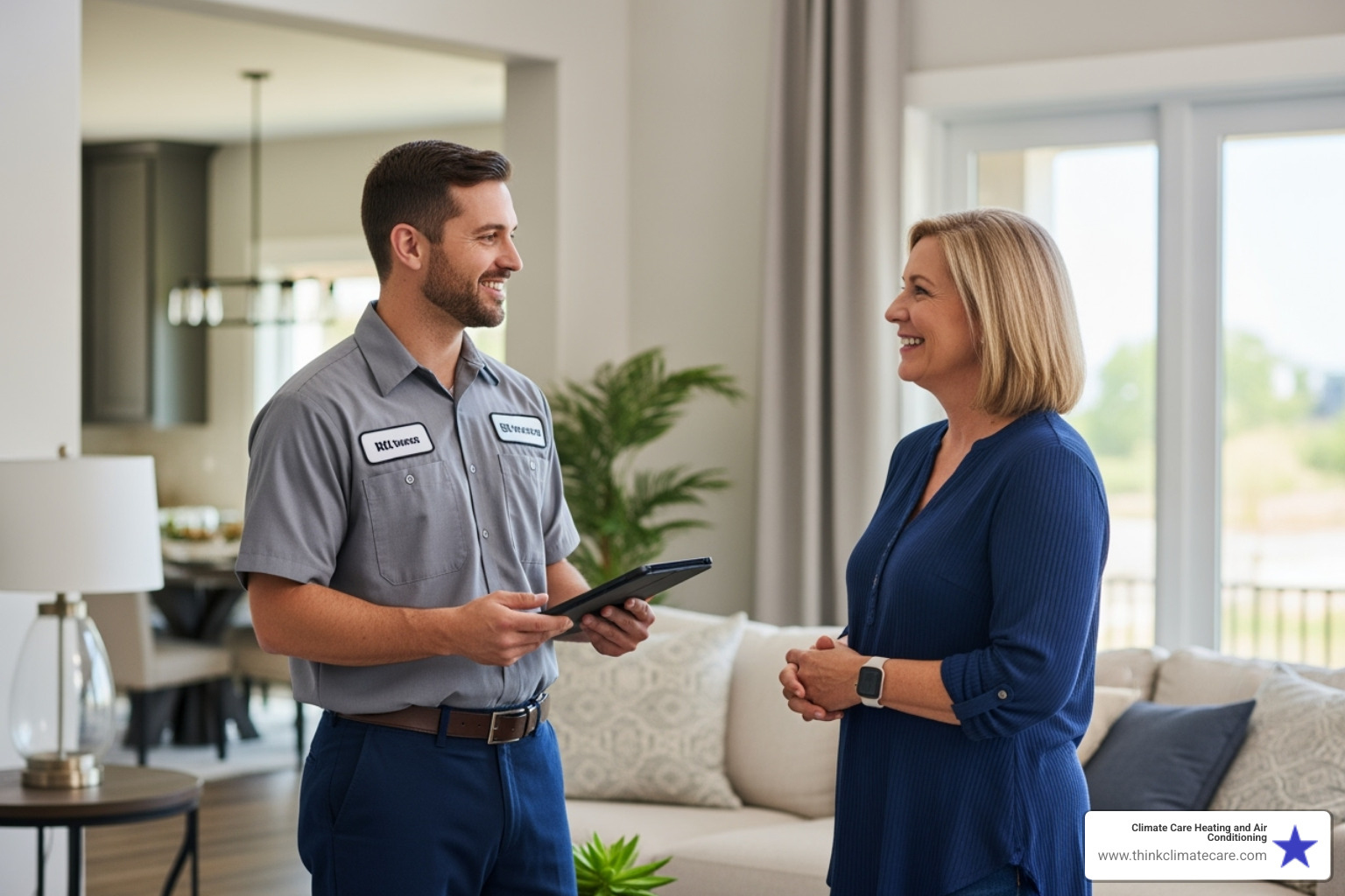 of a friendly technician speaking with a homeowner - ductless ac installation modesto