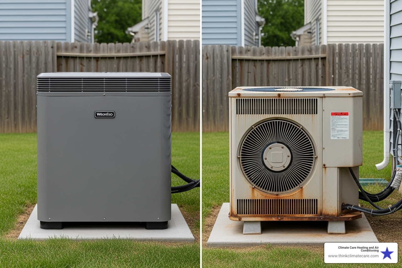 new, modern AC unit next to an old one - ac repair manteca