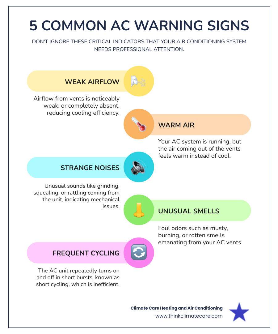 Infographic showing 5 common AC warning signs homeowners should watch for: 1) Weak or no airflow from vents, 2) System blowing warm air instead of cold, 3) Strange noises like grinding or squealing, 4) Unusual smells such as musty or burning odors, 5) Frequent on-off cycling or system won't stay running - ac repair manteca infographic infographic-line-5-steps-colors
