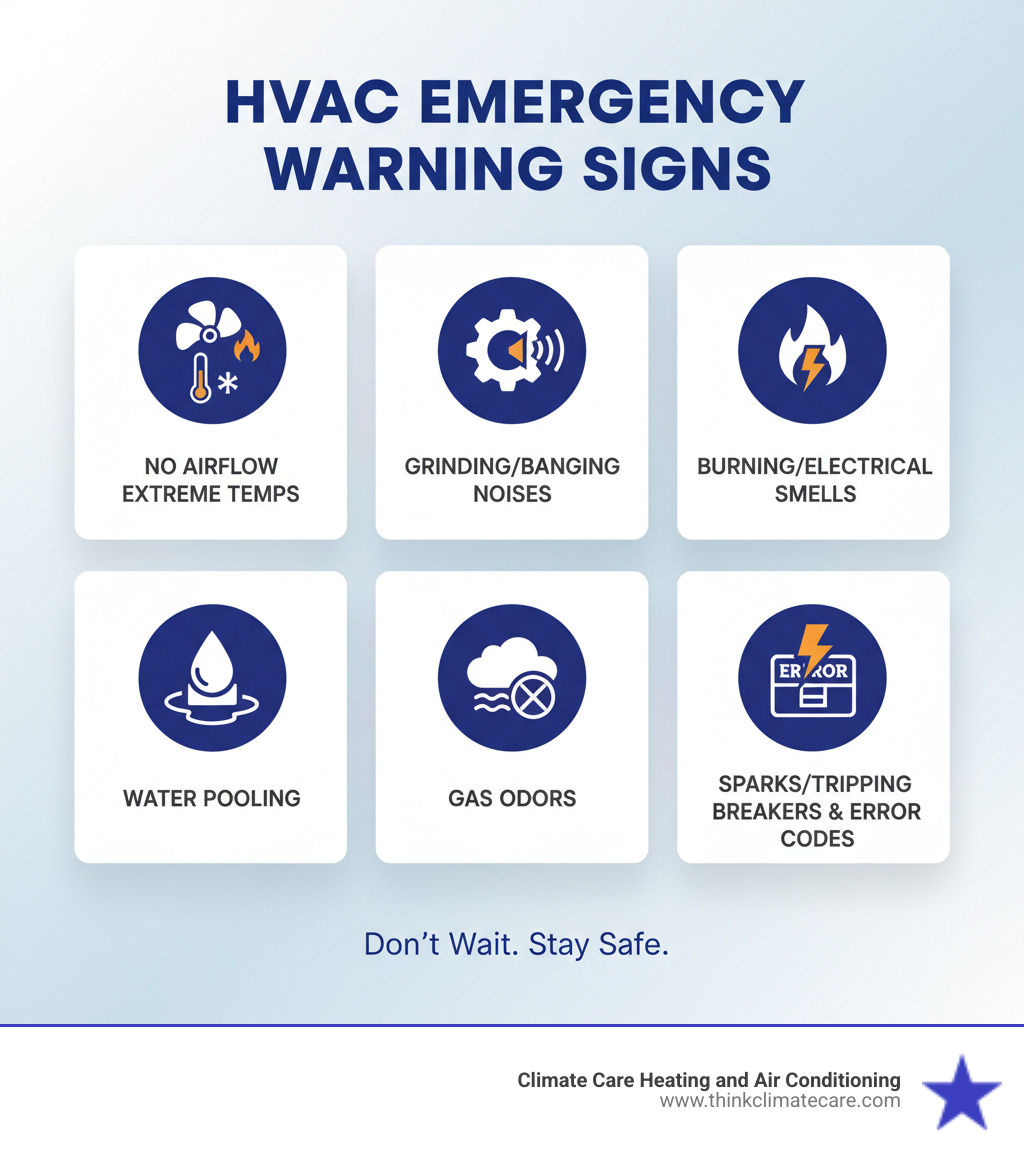 Infographic showing HVAC emergency warning signs including no airflow during extreme temperatures, strange grinding or banging noises, burning or electrical smells, water pooling around the unit, gas odors, sparks or tripping breakers, and thermostat showing error codes - 24/7 hvac sacramento infographic 
