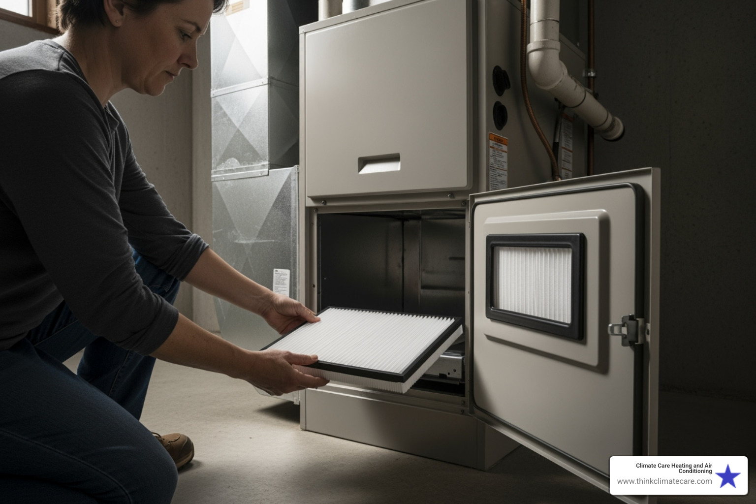 homeowner changing an HVAC air filter - air duct maintenance sacramento