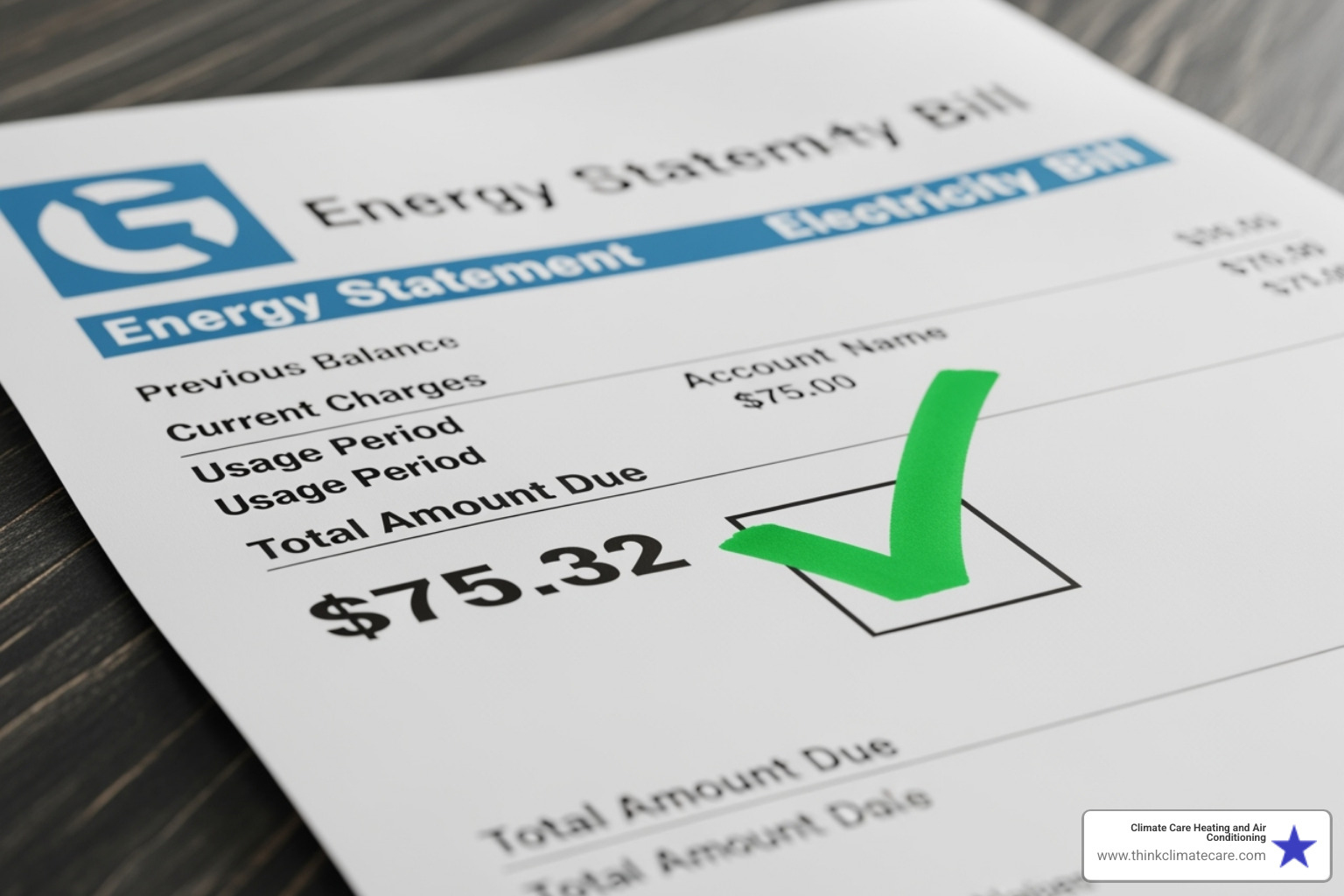 energy bill with a green checkmark next to a lower amount - air duct maintenance sacramento