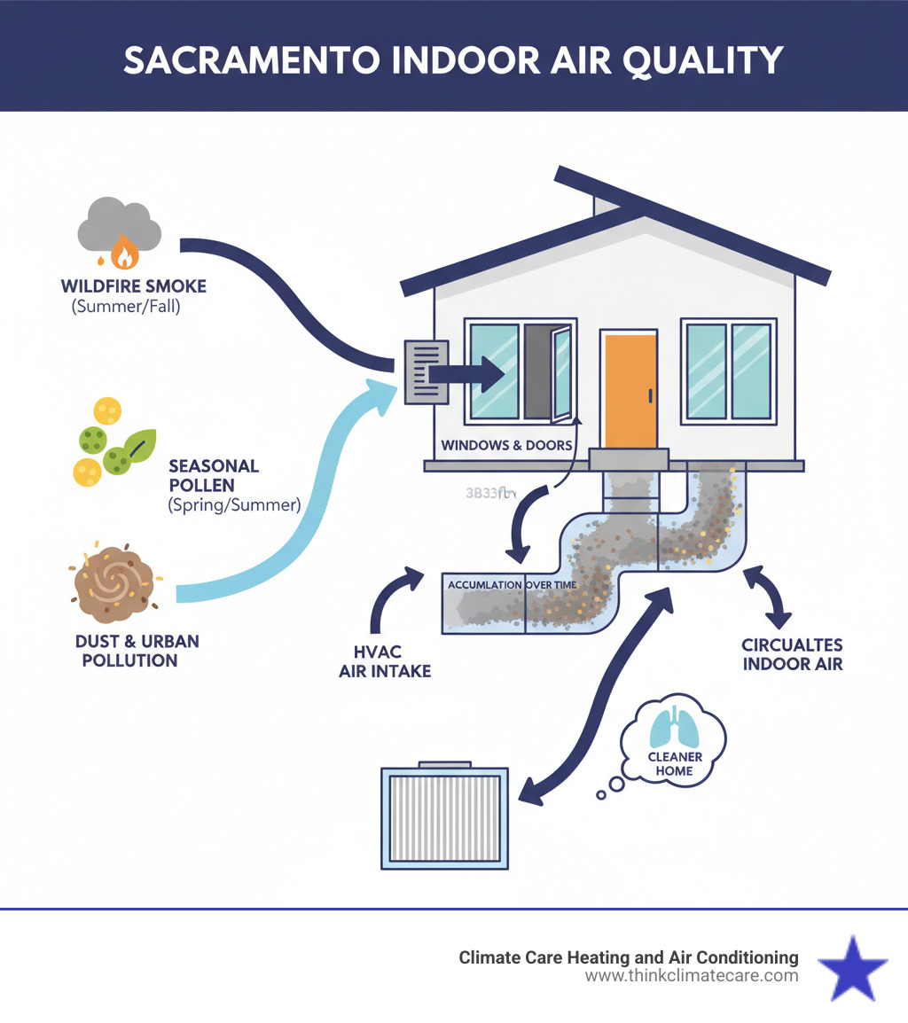 Infographic showing how outdoor contaminants like wildfire smoke, pollen, dust, and urban pollution enter a Sacramento home through windows, doors, and the HVAC intake, then accumulate in air ducts over time. Arrows show the path from outdoor sources through the HVAC system, with a cross-section of ductwork displaying buildup of particles. Labels indicate Sacramento-specific concerns like seasonal pollen peaks and wildfire smoke periods. - air duct maintenance sacramento infographic 