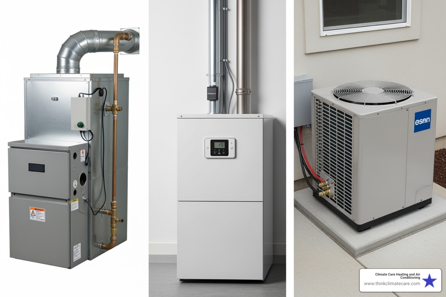 different types of heating systems, like a gas furnace, an electric furnace, and an outdoor heat pump unit - furnace installation manteca