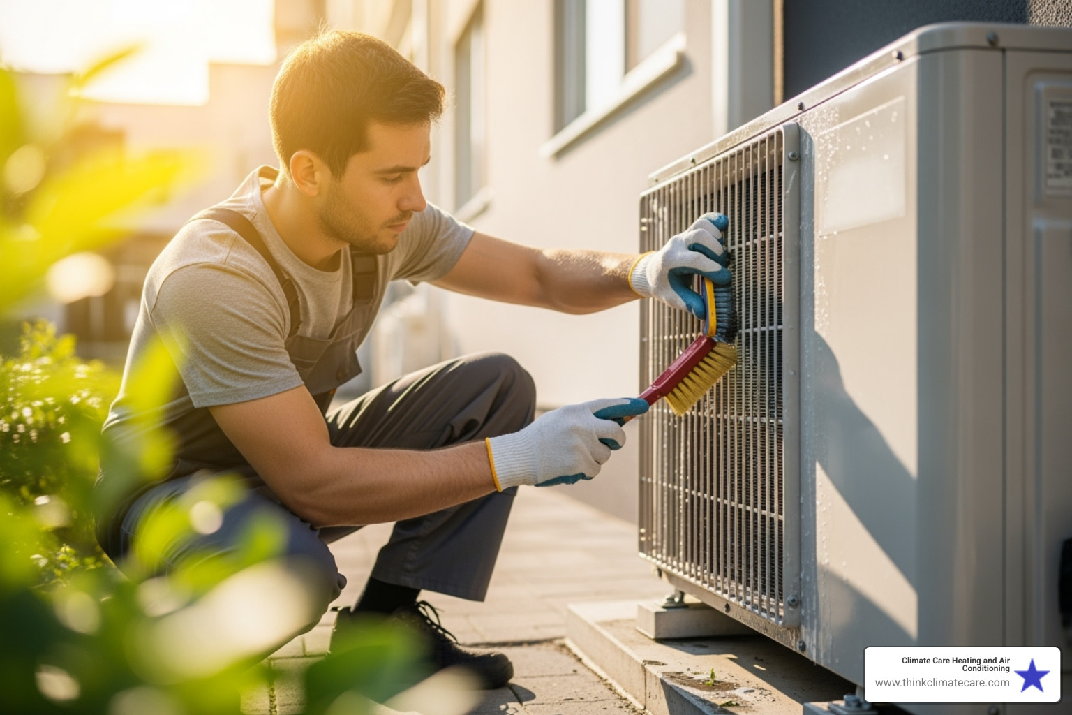 technician carefully cleaning an outdoor AC unit - ac & heating tune up sacramento