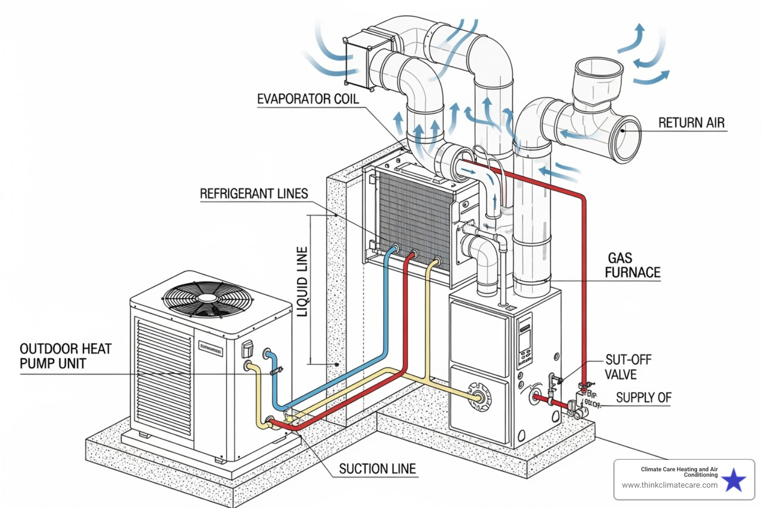 diagram showing the three main components: outdoor heat pump unit, indoor evaporator coil, and backup gas furnace - dual mode heat pump manteca