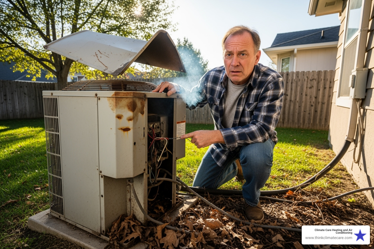 homeowner looking concerned at their old, malfunctioning HVAC unit - dual mode heat pump manteca