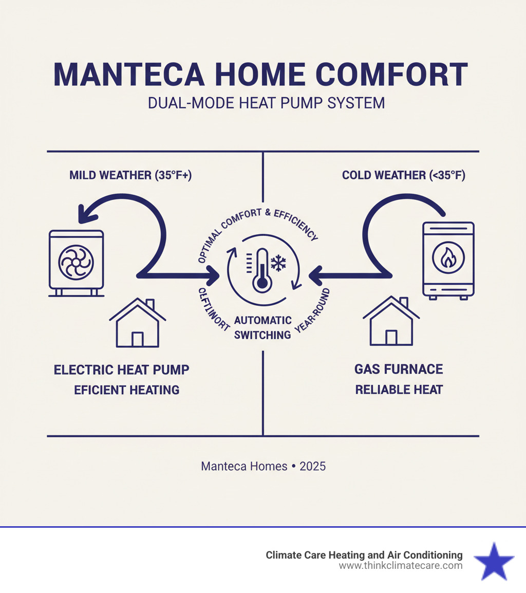Infographic showing a dual-mode heat pump system with arrows indicating how it automatically switches between the electric heat pump (used in mild weather for efficient heating) and the gas furnace (activated in colder temperatures below 35°F) to maintain optimal comfort and efficiency year-round in Manteca homes - dual mode heat pump manteca infographic 