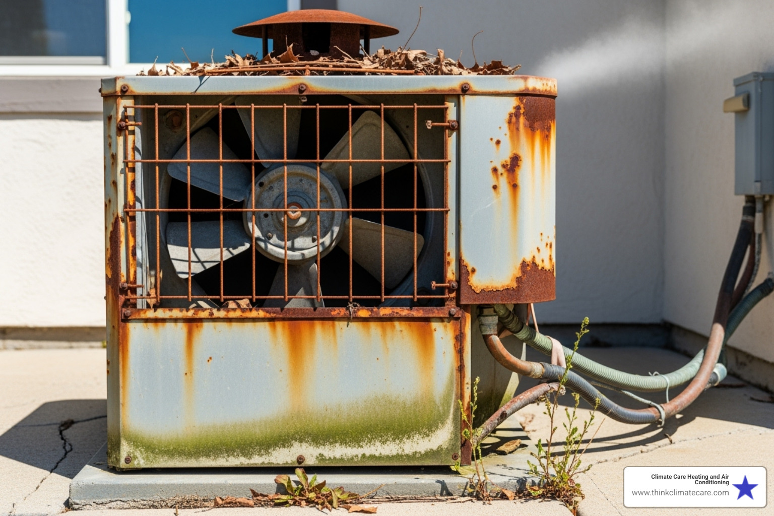 An old, rusty outdoor AC unit struggling to cool a home - ac installation stockton