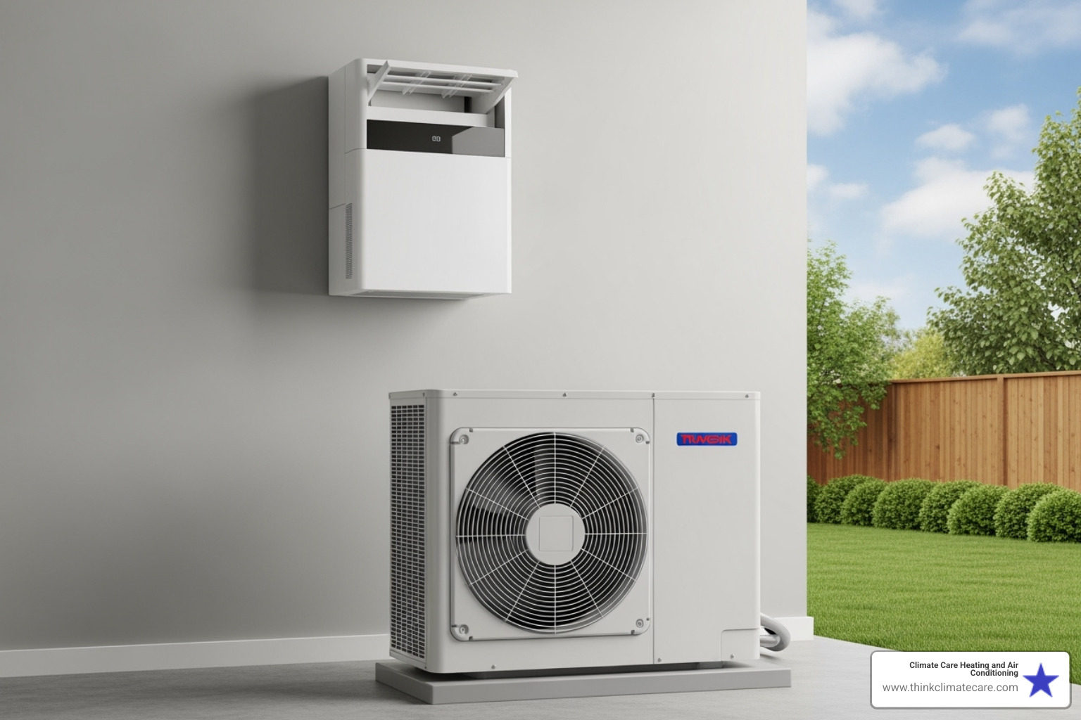 A modern ductless mini-split unit mounted on a wall and a central AC outdoor unit - ac installation stockton