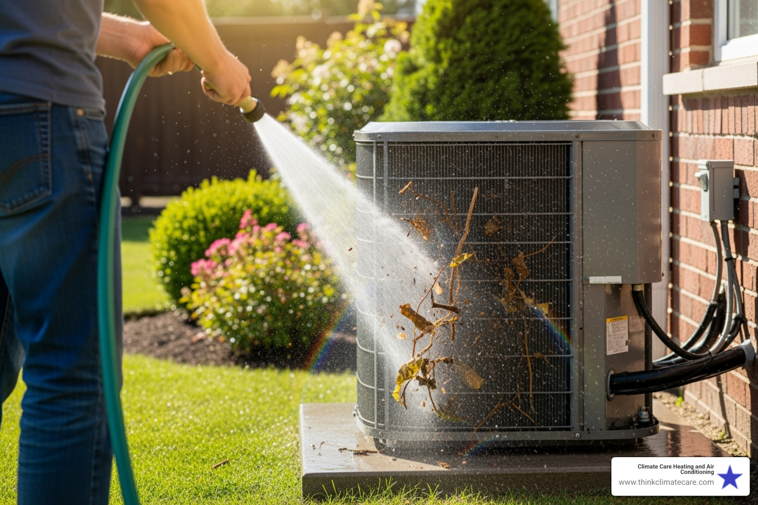 A strong spray from a garden hose will push debris from the inside of the condensor unit out. - ac maintenance tips