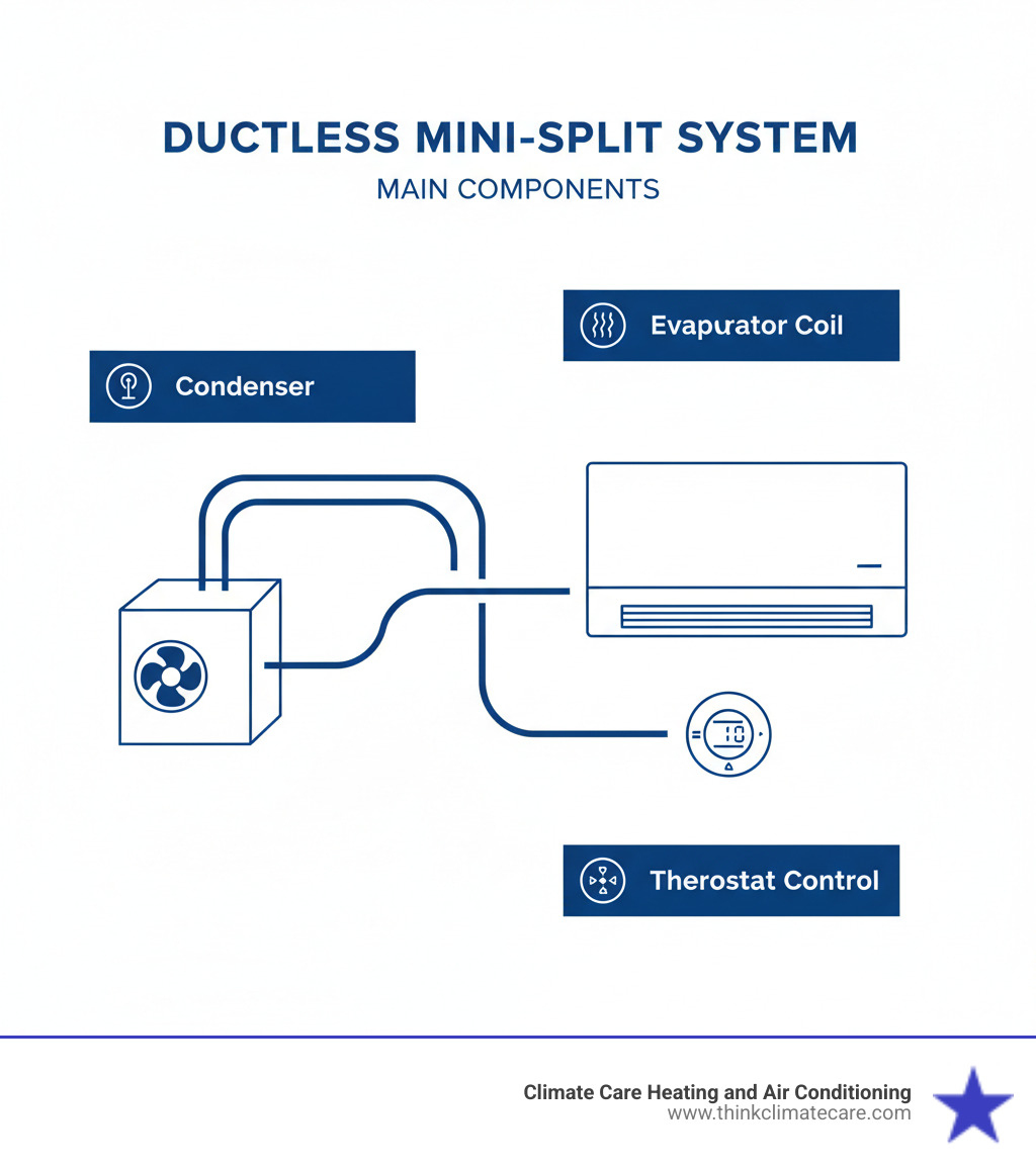 Infographic showing the main components of a ductless mini-split system: outdoor compressor unit connected to indoor air handler via refrigerant lines and electrical wiring, with labels for condenser, evaporator coil, and thermostat control - ductless repair manteca infographic Infographic showing the main components of a ductless mini-split system: outdoor compressor unit connected to indoor air handler via refrigerant lines and electrical wiring, with labels for condenser, evaporator coil, and thermostat control - ductless repair manteca infographic