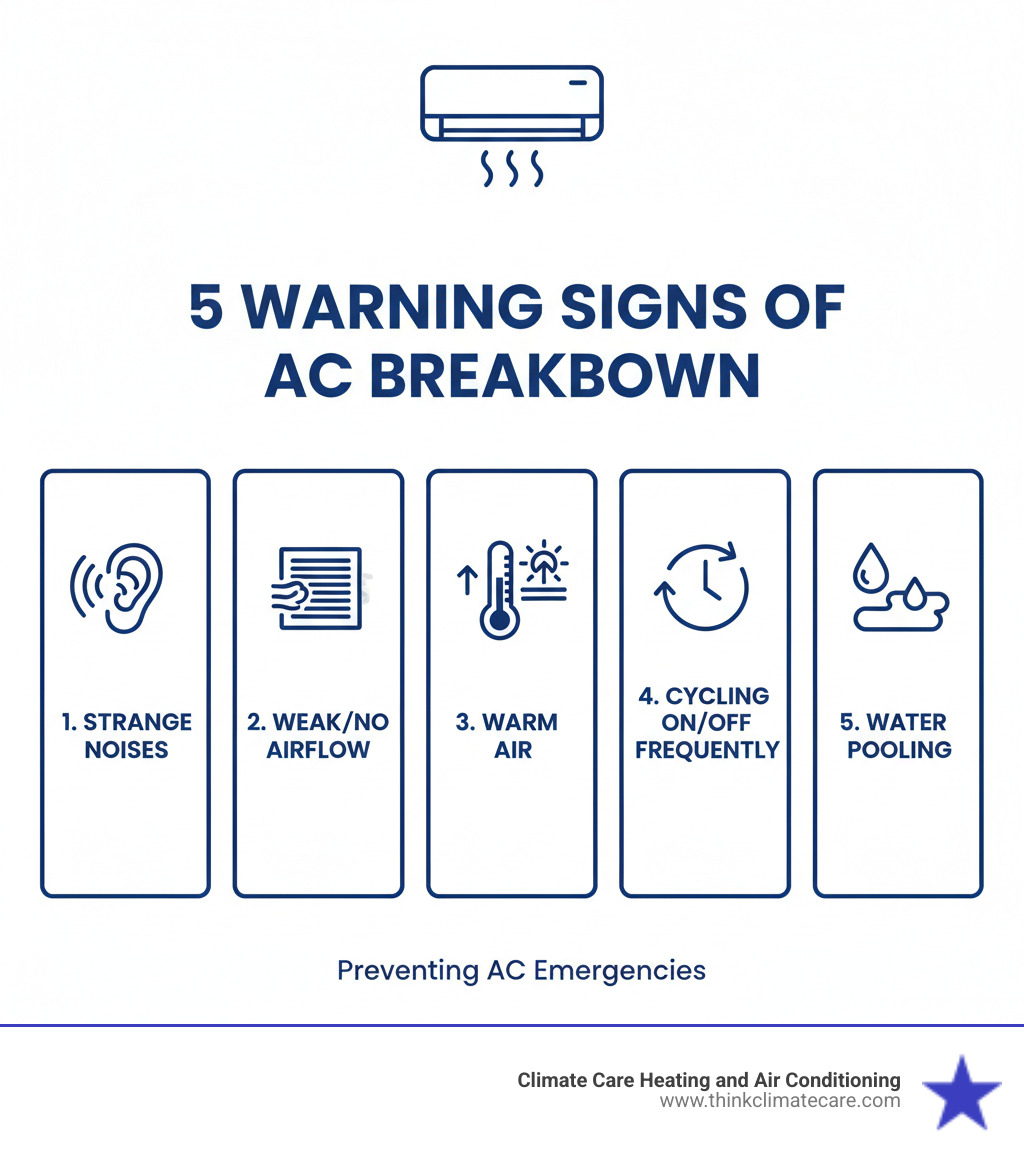 Infographic showing the 5 warning signs of AC breakdown: strange noises from the unit, weak or no airflow from vents, warm air blowing instead of cold, AC cycling on and off frequently, and water pooling around the indoor unit - emergency ac repair sacramento infographic  Infographic showing the 5 warning signs of AC breakdown: strange noises from the unit, weak or no airflow from vents, warm air blowing instead of cold, AC cycling on and off frequently, and water pooling around the indoor unit - emergency ac repair sacramento infographic
