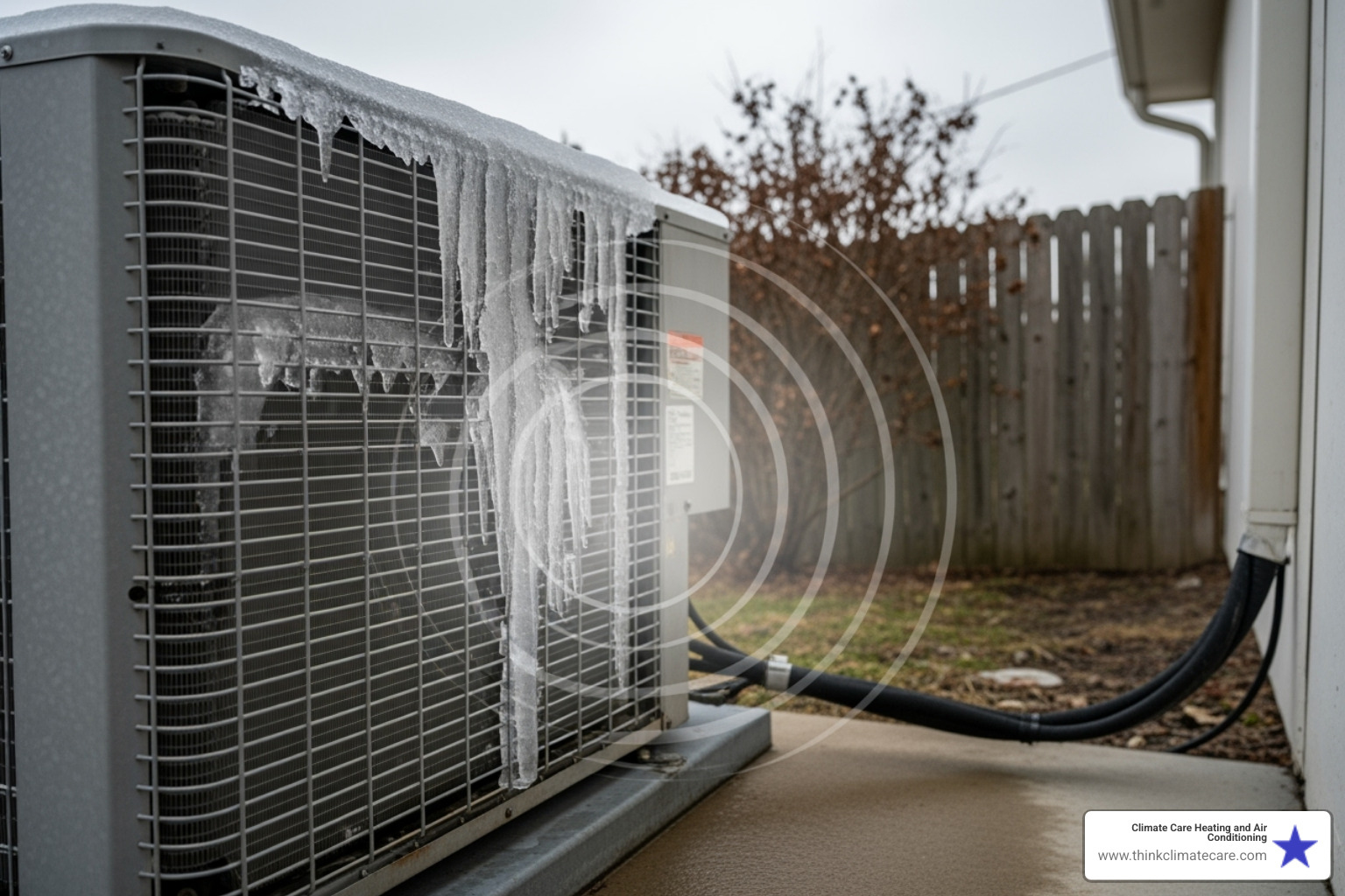 Outdoor AC unit with icons pointing to a frozen coil and a strange noise - emergency hvac repair manteca