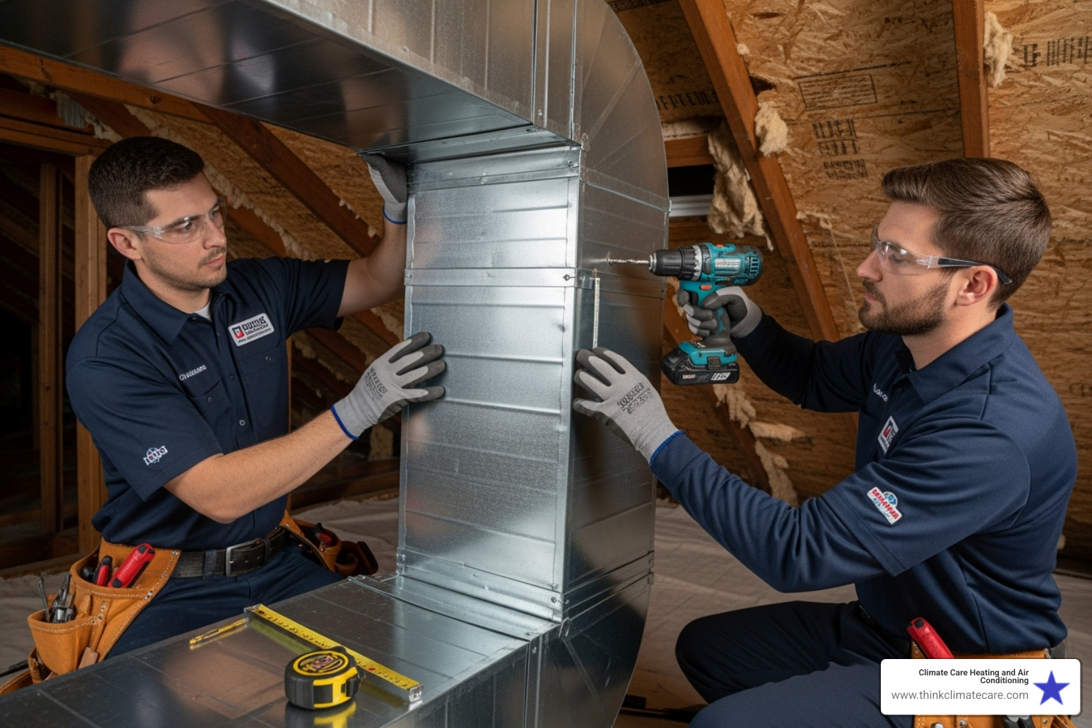 Certified technicians carefully installing a section of ductwork in a residential setting, emphasizing precision and safety - ductwork installation manteca Certified technicians carefully installing a section of ductwork in a residential setting, emphasizing precision and safety - ductwork installation manteca