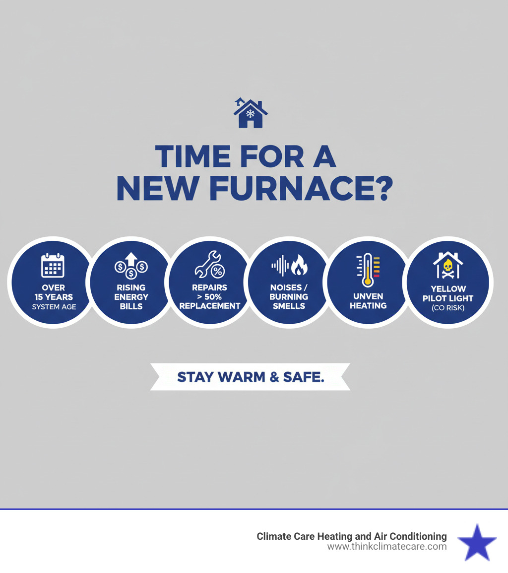 infographic showing key signs you need a new furnace including system age over 15 years, rising energy bills, frequent repairs costing more than 50 percent of replacement value, strange noises or burning smells, uneven heating throughout rooms, and yellow pilot light indicating carbon monoxide risk - heating installation stockton infographic  infographic showing key signs you need a new furnace including system age over 15 years, rising energy bills, frequent repairs costing more than 50 percent of replacement value, strange noises or burning smells, uneven heating throughout rooms, and yellow pilot light indicating carbon monoxide risk - heating installation stockton infographic