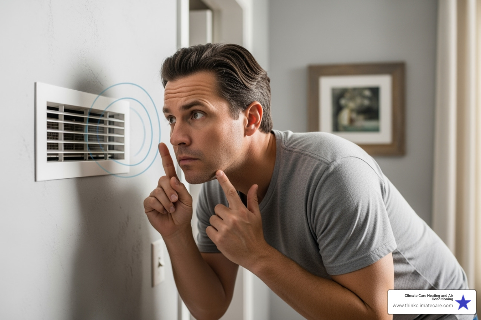 homeowner looking quizzically at a noisy air vent - hvac maintenance manteca homeowner looking quizzically at a noisy air vent - hvac maintenance manteca
