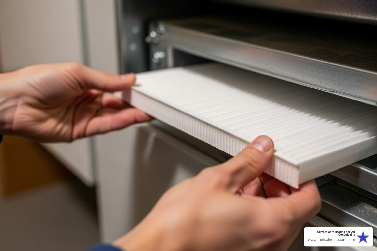 homeowner easily sliding a new, clean filter into their HVAC unit - hvac maintenance manteca homeowner easily sliding a new, clean filter into their HVAC unit - hvac maintenance manteca