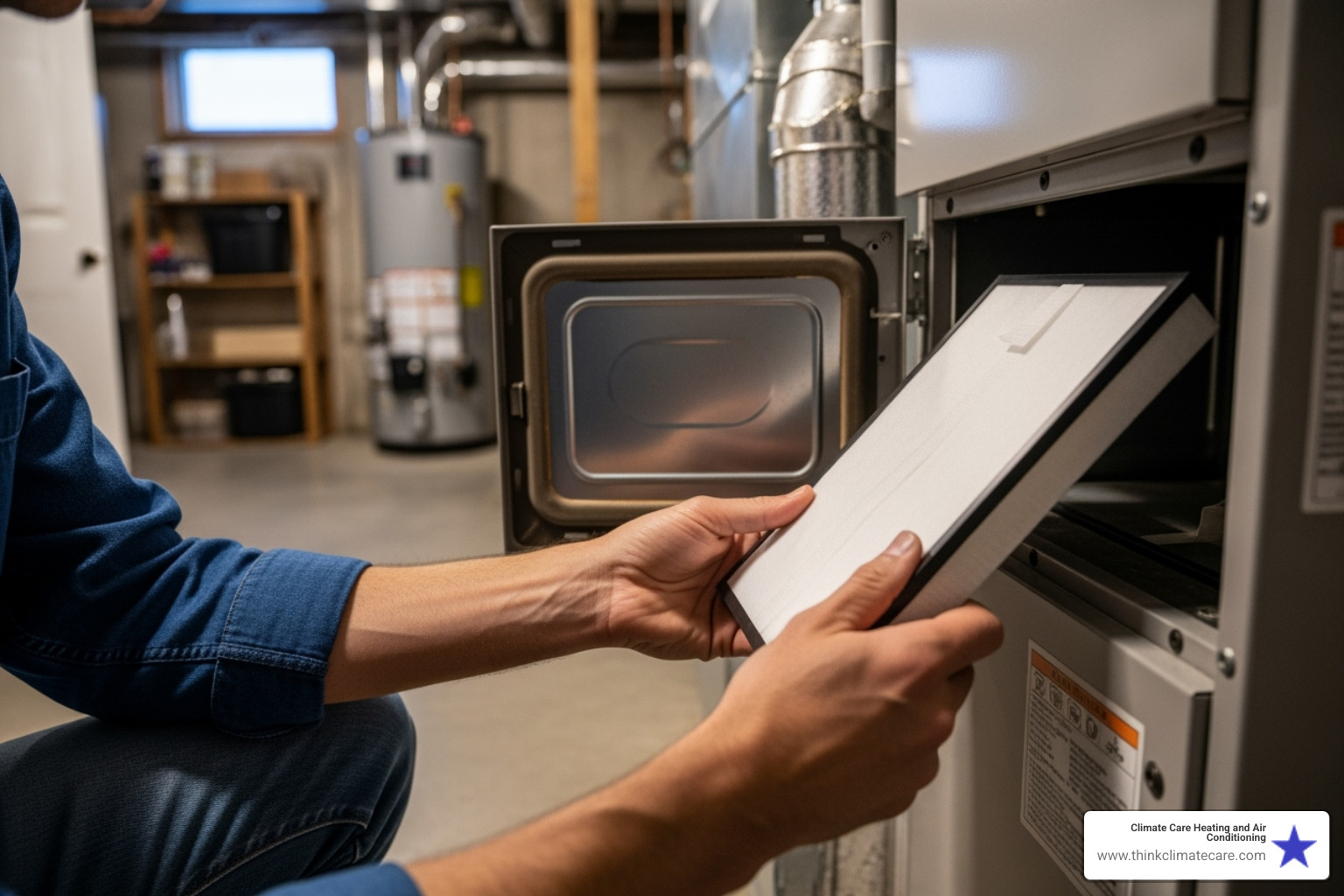 homeowner changing a clean air filter on their furnace - emergency heating service experts manteca ca