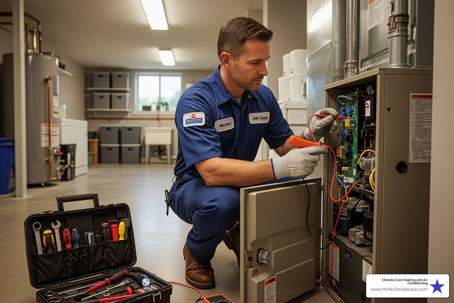 professional technician examining a furnace in a clean work area - emergency heating service experts manteca ca