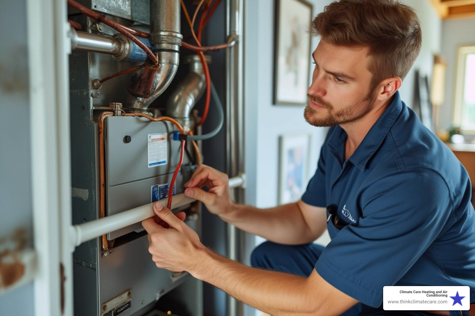 professional technician respectfully working in a customer's home - furnace repair company manteca ca