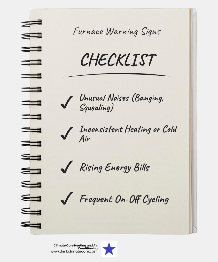 infographic showing five warning signs your furnace needs repair: unusual noises like banging or squealing, inconsistent heating or cold air from vents, rising energy bills without increased usage, frequent on-off cycling, and strange odors or poor air quality - furnace repair company manteca ca infographic checklist-notebook