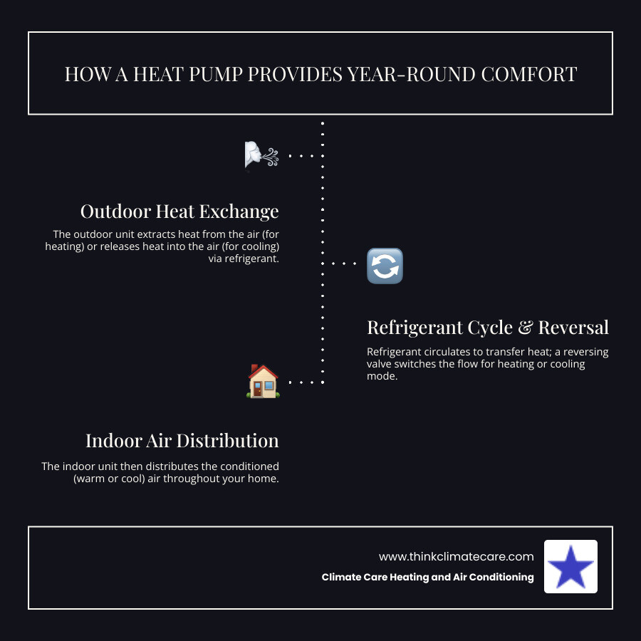 Infographic showing how a heat pump works: outdoor unit extracts heat from air using refrigerant cycle, reversing valve switches between heating and cooling modes, indoor air handler distributes conditioned air throughout home, with arrows showing heat transfer process for both summer cooling and winter heating operations - heat pump installation manteca ca infographic infographic-line-3-steps-dark Infographic showing how a heat pump works: outdoor unit extracts heat from air using refrigerant cycle, reversing valve switches between heating and cooling modes, indoor air handler distributes conditioned air throughout home, with arrows showing heat transfer process for both summer cooling and winter heating operations - heat pump installation manteca ca infographic infographic-line-3-steps-dark