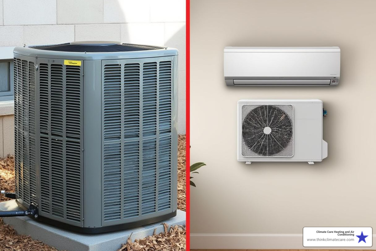 Two heat pump models, one a traditional ducted outdoor unit and the other a sleek ductless mini-split indoor unit, side-by-side - heat pump installation manteca ca Two heat pump models, one a traditional ducted outdoor unit and the other a sleek ductless mini-split indoor unit, side-by-side - heat pump installation manteca ca