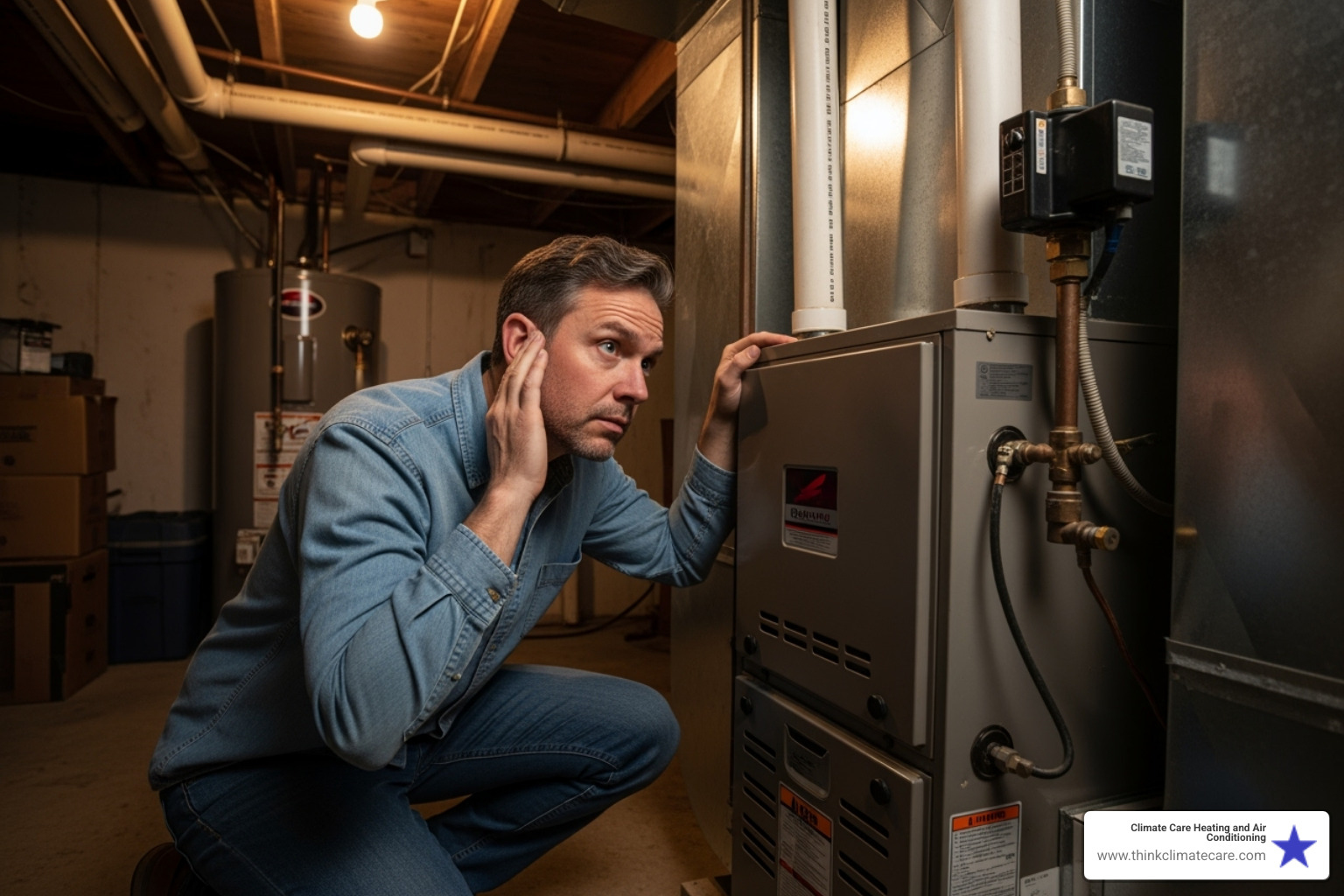 homeowner listening to a noisy furnace - same day heating maintenance manteca