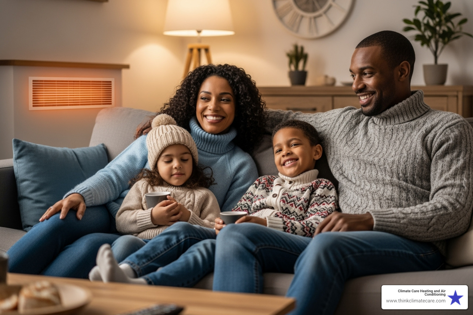 A family enjoys a warm and comfortable living room during winter in Manteca, CA, highlighting the importance of a reliable heating system for home comfort. - heating maintenance company manteca ca A family enjoys a warm and comfortable living room during winter in Manteca, CA, highlighting the importance of a reliable heating system for home comfort. - heating maintenance company manteca ca