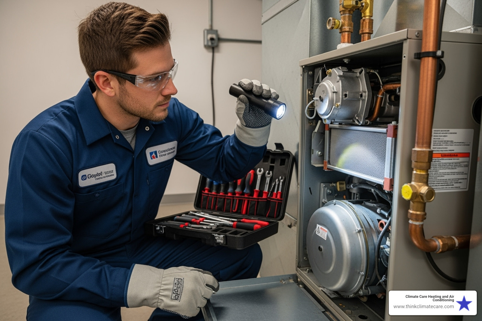 A skilled HVAC technician meticulously inspects a furnace component, demonstrating the detailed nature of a typical heating maintenance appointment. - heating maintenance company manteca ca A skilled HVAC technician meticulously inspects a furnace component, demonstrating the detailed nature of a typical heating maintenance appointment. - heating maintenance company manteca ca