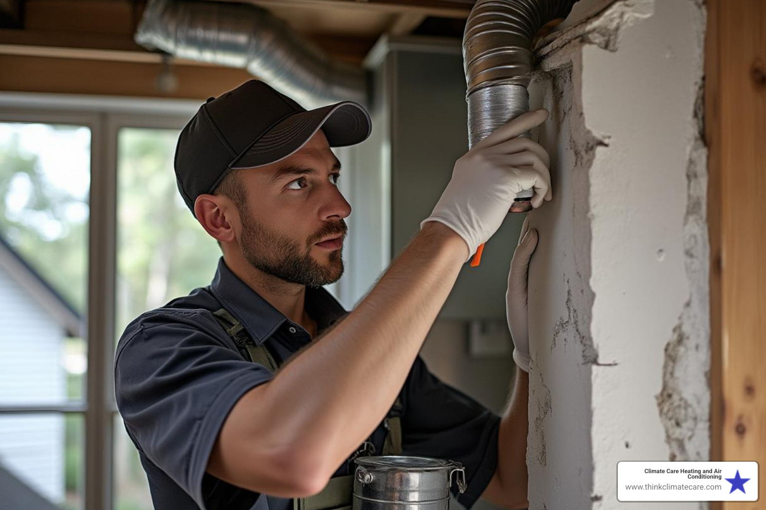 A professional HVAC technician inspecting ductwork in a residential setting - ductwork upgrade stockton A professional HVAC technician inspecting ductwork in a residential setting - ductwork upgrade stockton