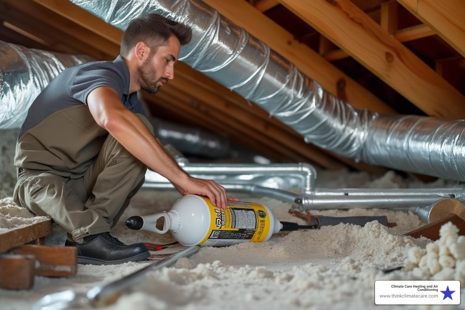 Technician carefully sealing ductwork joints with mastic sealant and tape - ductwork upgrade stockton Technician carefully sealing ductwork joints with mastic sealant and tape - ductwork upgrade stockton