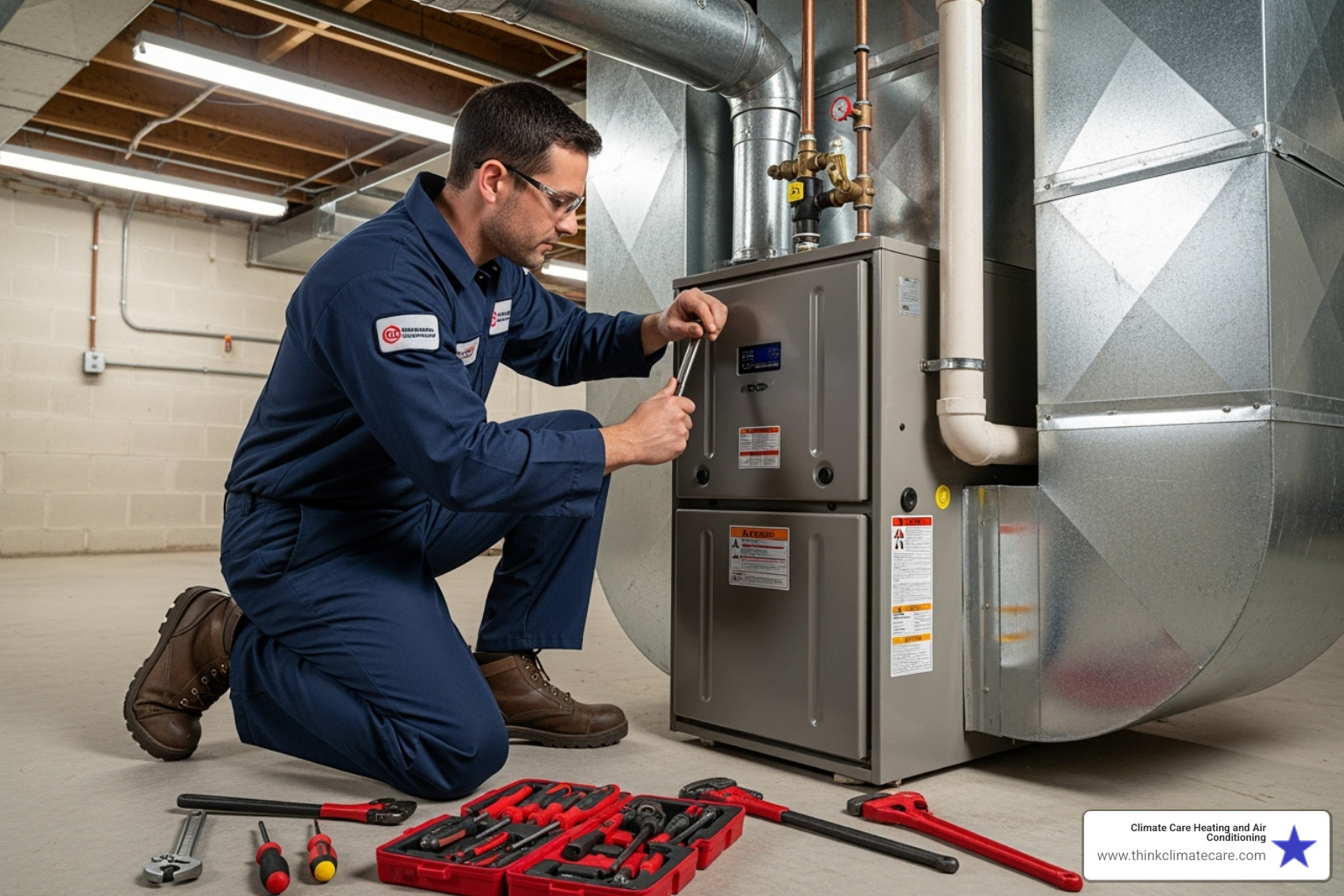 professional technician neatly installing a new furnace - same day heating installation manteca