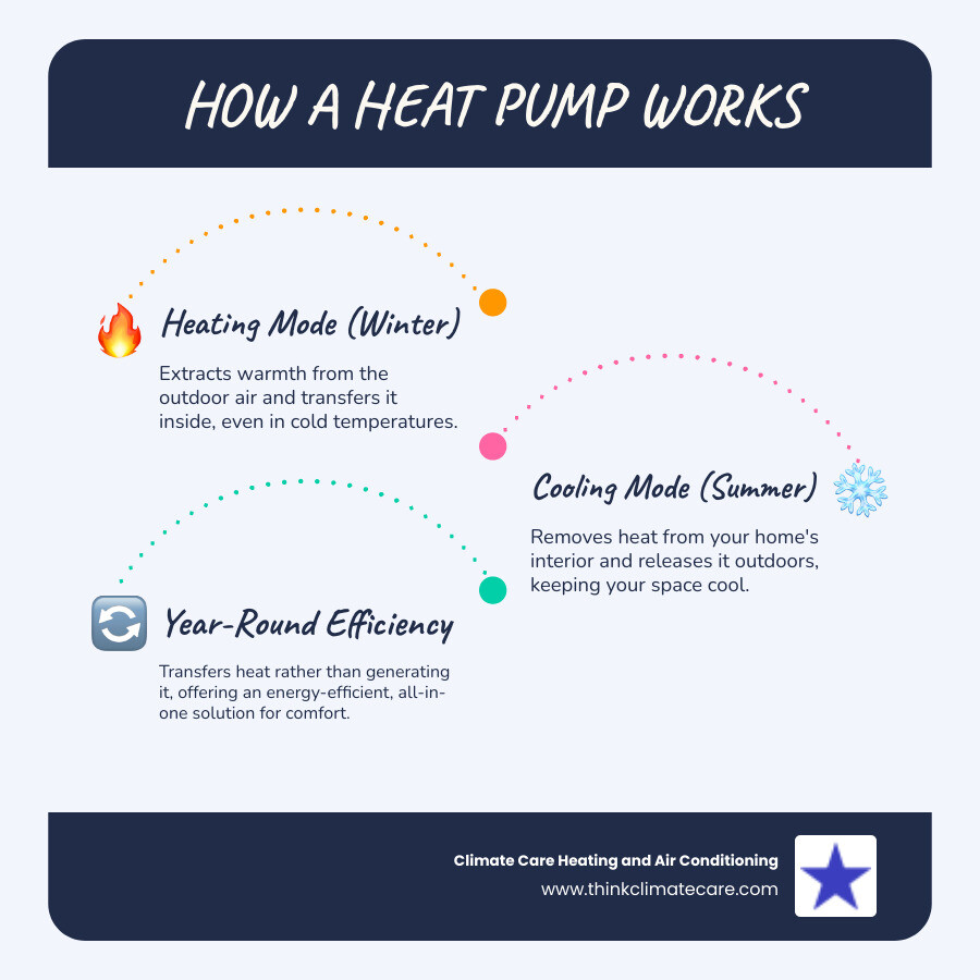 infographic showing heat pump operation cycle with arrows indicating heat transfer in heating mode and cooling mode, labeled components including outdoor unit, indoor unit, refrigerant flow, and seasonal operation differences - heat pump installation estimate manteca infographic infographic-line-3-steps-blues-accent_colors