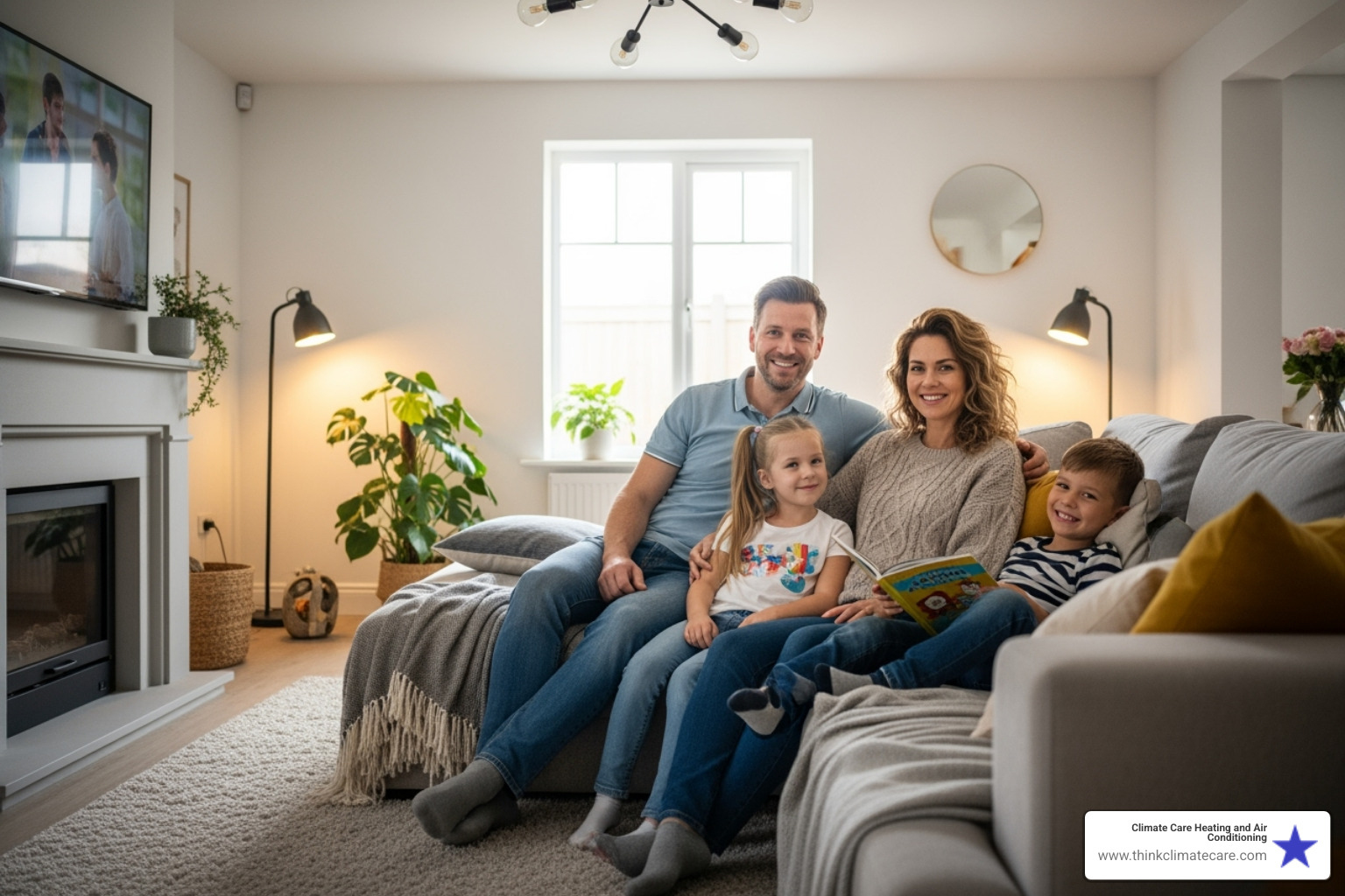 family enjoying comfortable living room - heat pump installation estimate manteca