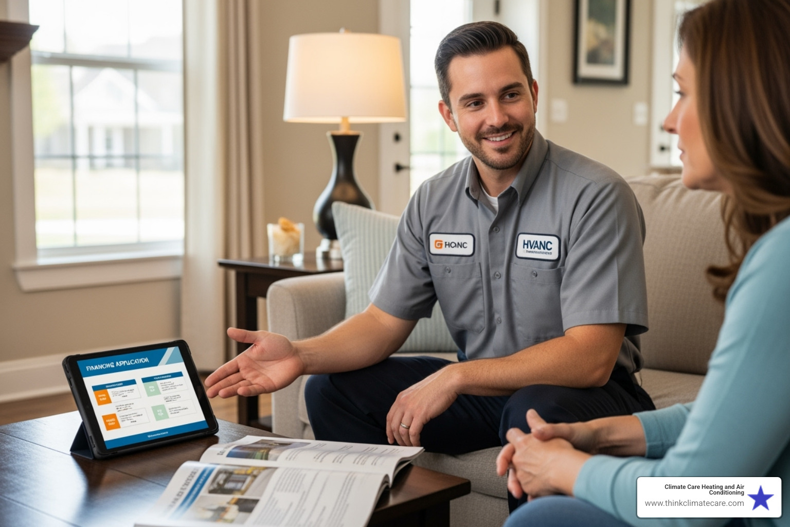 a friendly HVAC technician discussing options with a homeowner - do any hvac companies in sacramento offer financing options a friendly HVAC technician discussing options with a homeowner - do any hvac companies in sacramento offer financing options