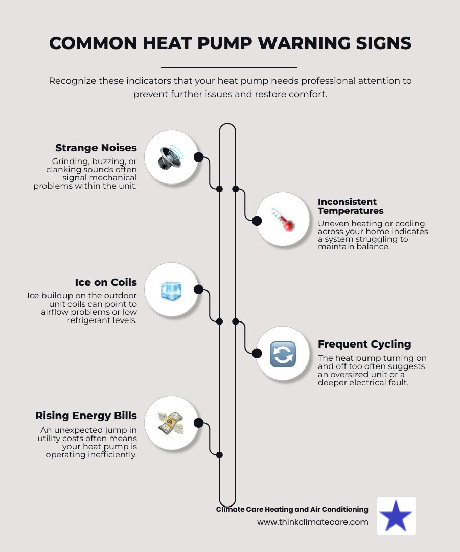 infographic showing common heat pump warning signs including strange noises, inconsistent temperatures, ice buildup on coils, frequent cycling, and rising energy bills with simple icons for each symptom - heat pump repair estimate manteca infographic infographic-line-5-steps-elegant_beige infographic showing common heat pump warning signs including strange noises, inconsistent temperatures, ice buildup on coils, frequent cycling, and rising energy bills with simple icons for each symptom - heat pump repair estimate manteca infographic infographic-line-5-steps-elegant_beige